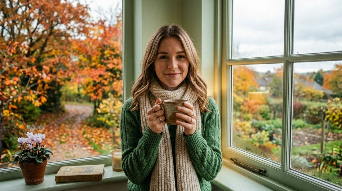 Mulher de cabelos longos tomando uma xicara de café quente durante o inverno em um lugar com arvores e aconchegante