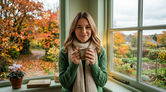 Mulher de cabelos longos tomando uma xicara de café quente durante o inverno em um lugar com arvores e aconchegante