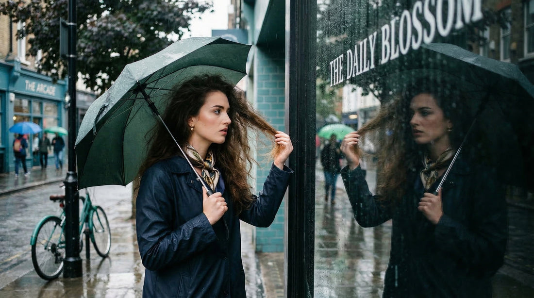 Mulher checando os cabelos cheios de frizz debaixo da chuva na frente de um espelho na rua