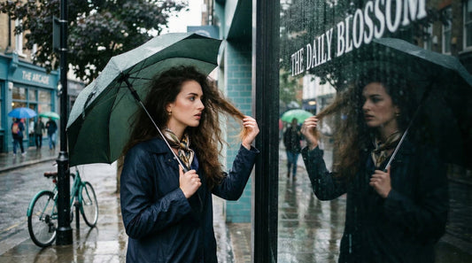 Mulher checando os cabelos cheios de frizz debaixo da chuva na frente de um espelho na rua